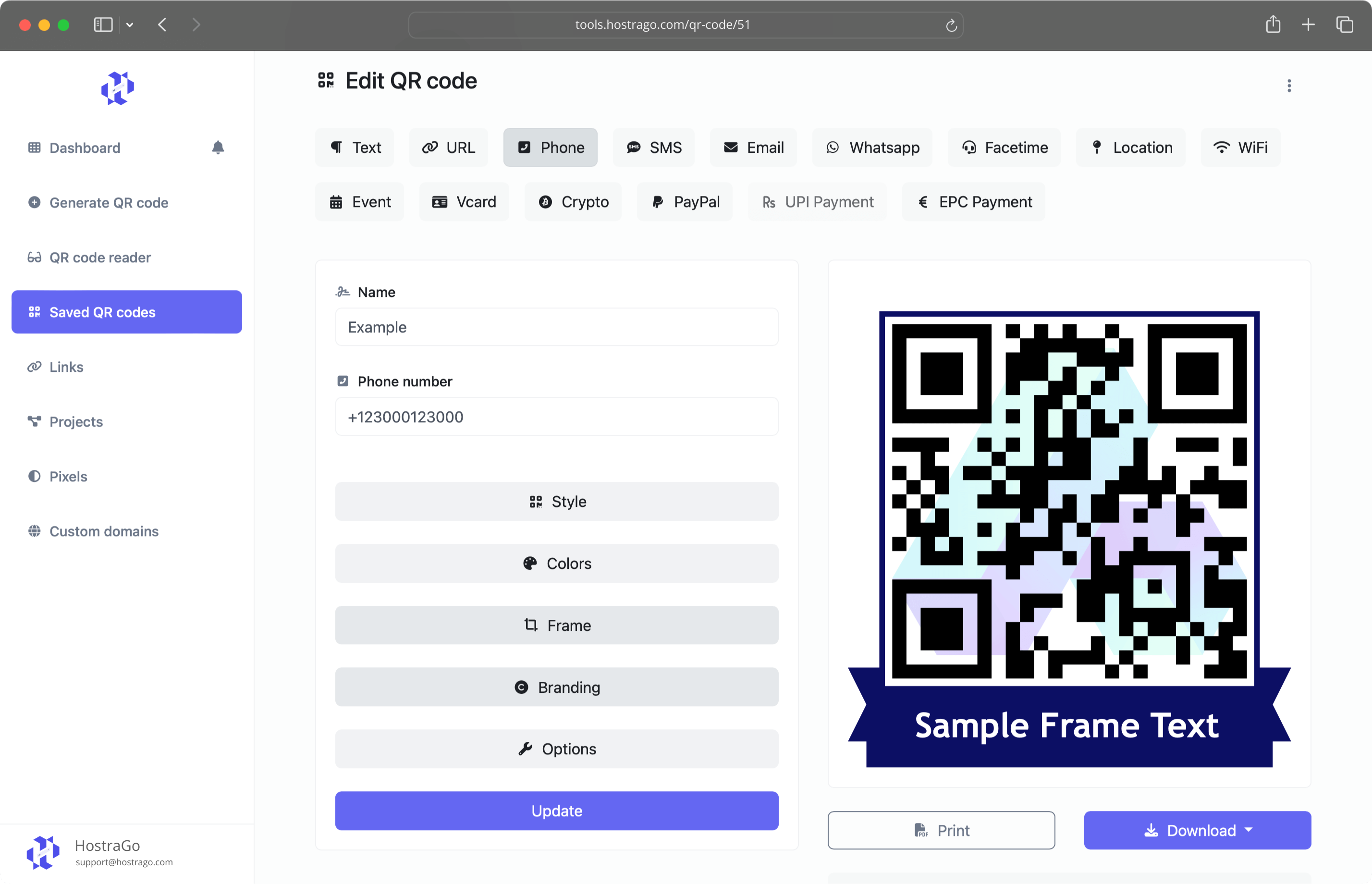 Screenshot of the QR code generator page