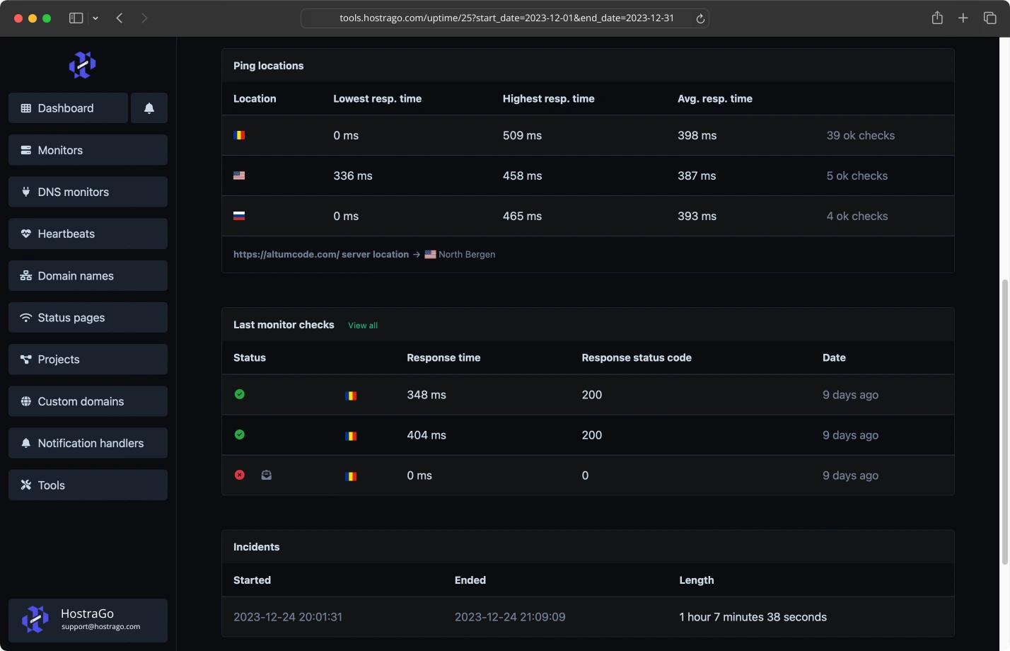 Screenshot of the app monitors incidents page